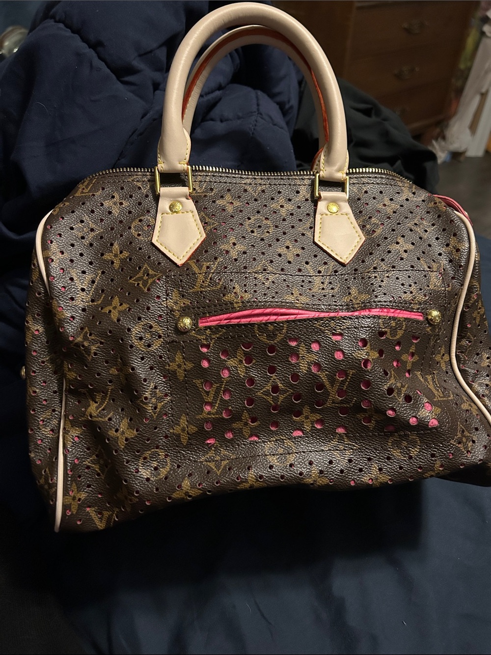 Luxury Monogram Perforated Satchel with Pink Accents